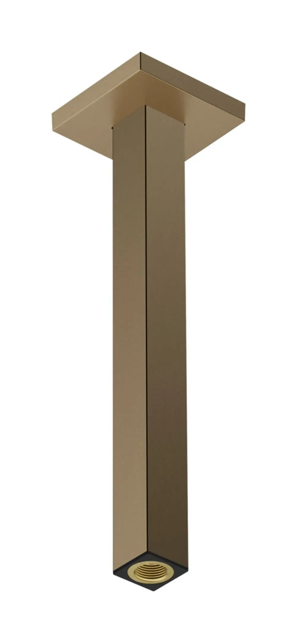 Deckenanschluss von Hansgrohe, rechteckige Form in mattem Bronze-Finish, mit einer Öffnung für die Verbindung an der Unterseite.